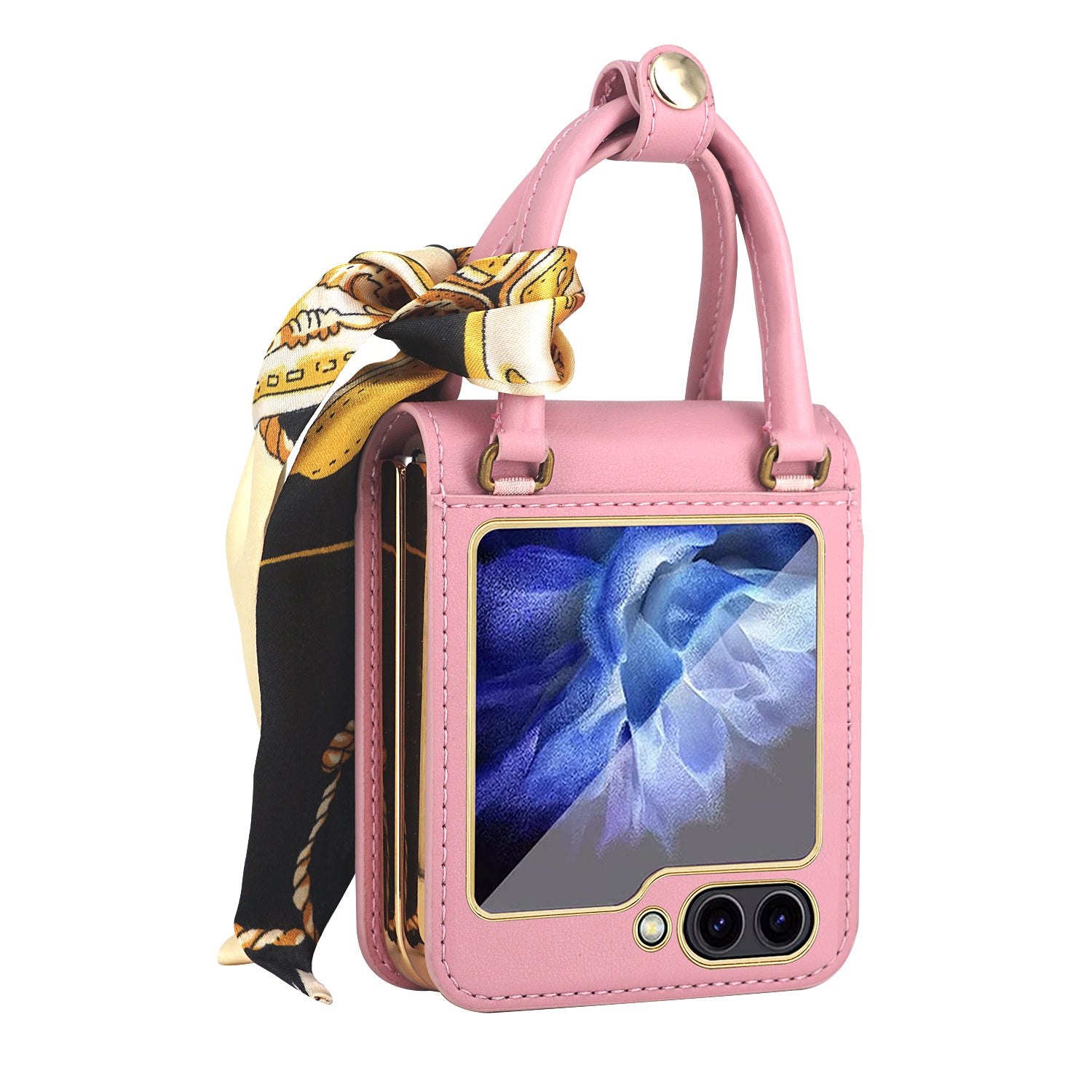 For Samsung Galaxy Z Flip5 5G Ribbon Hand Grip Phone Case PU Leather Coated PC Cover with Tempered Glass Film For Samsung Galaxy Z Flip5 5G Ribbon Hand Grip Phone Case PU Leather Coated PC Cover with Tempered Glass Film